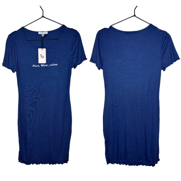 Sincerely Jules Sz S Ribbed Blue/White Embroidered Quote Mini Dress - Picture 1 of 5